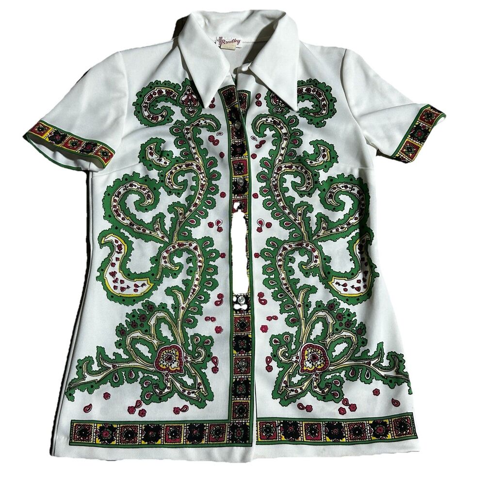 Vintage 70s Psychedelic Tunic Top Bold Paisley Floral‎ Print Collared Shirt